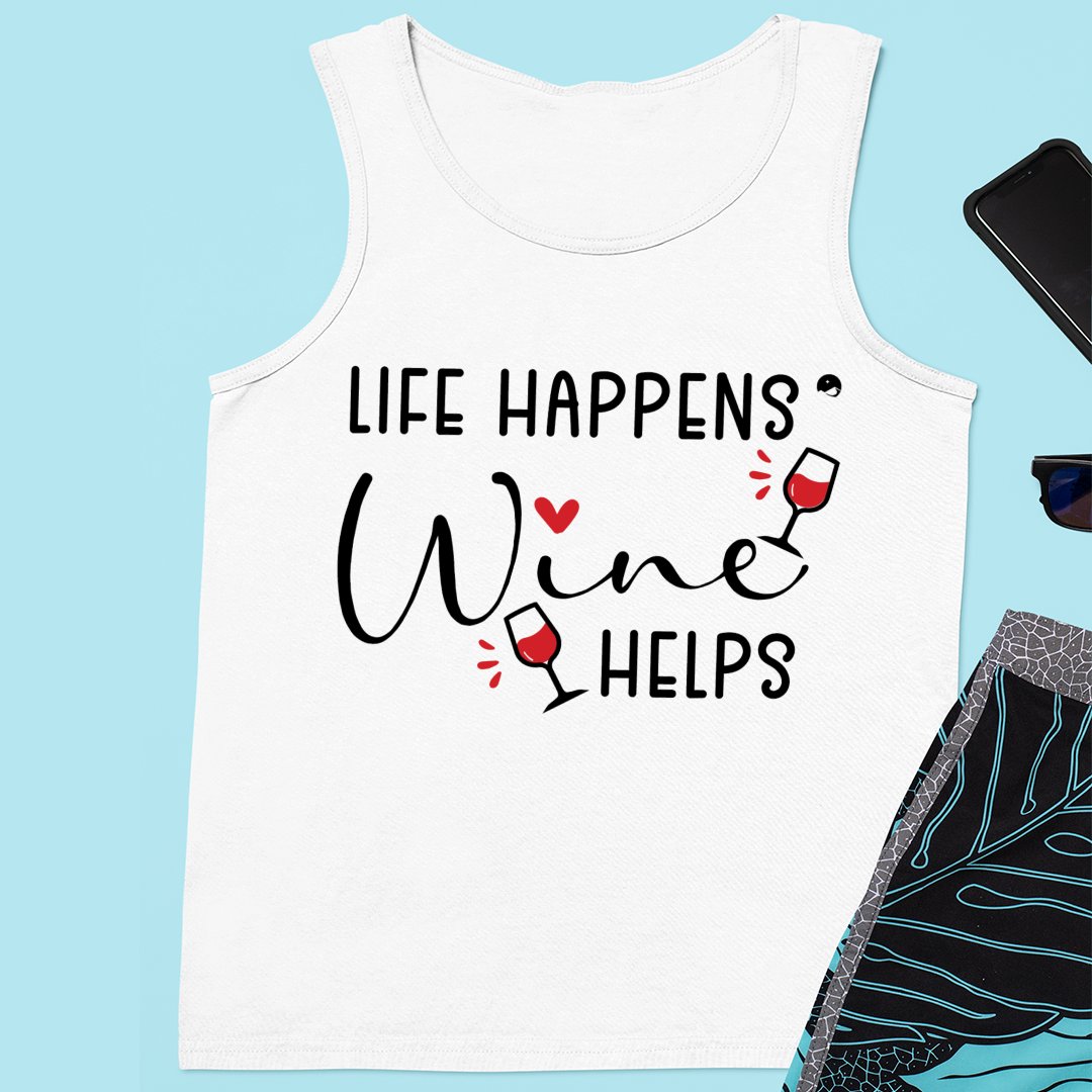 Unisex Jersey Tank Life Happens Wine Helps