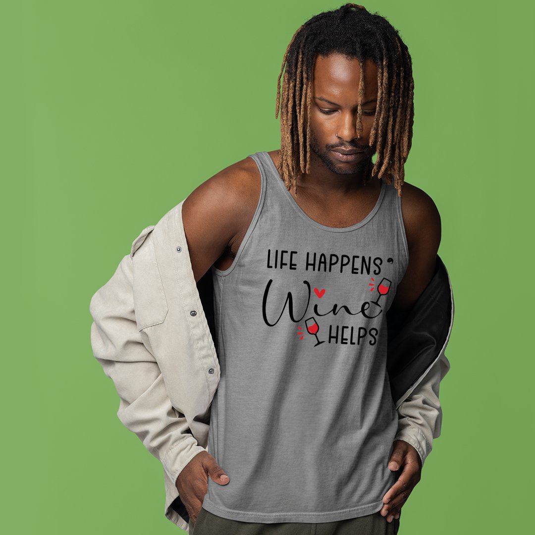 Unisex Jersey Tank Life Happens Wine Helps