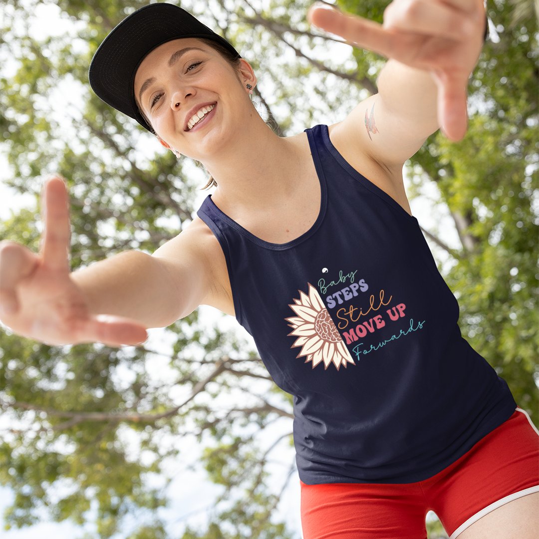 Unisex Jersey Tank Baby Steps Still Move Up Forwards