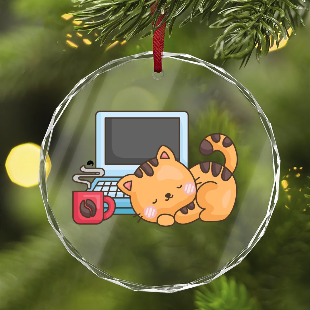 Crystal Glass Ornament Coffee Break Cat Nap